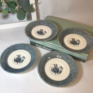 Vintage blue and white decorative 6" plates with Ship